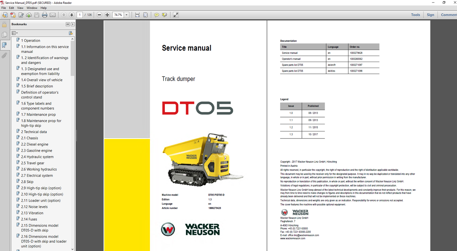 Service Repair Manual for Wacker Neuson DT05 Dumper, showcasing detailed diagrams and maintenance instructions