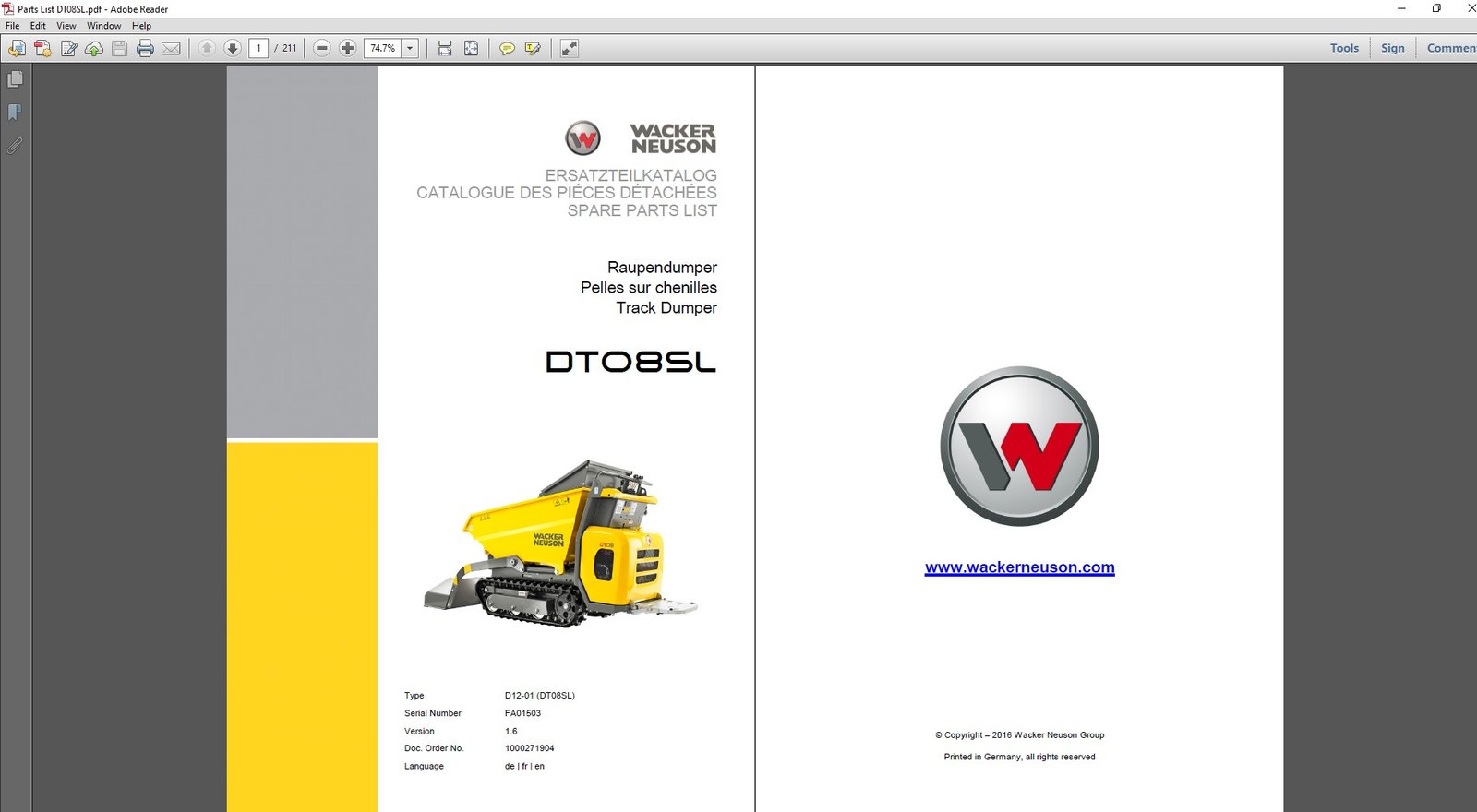 Parts manual for Wacker Neuson DT08 SL Dumper, displaying diagrams and specifications for maintenance and repairs