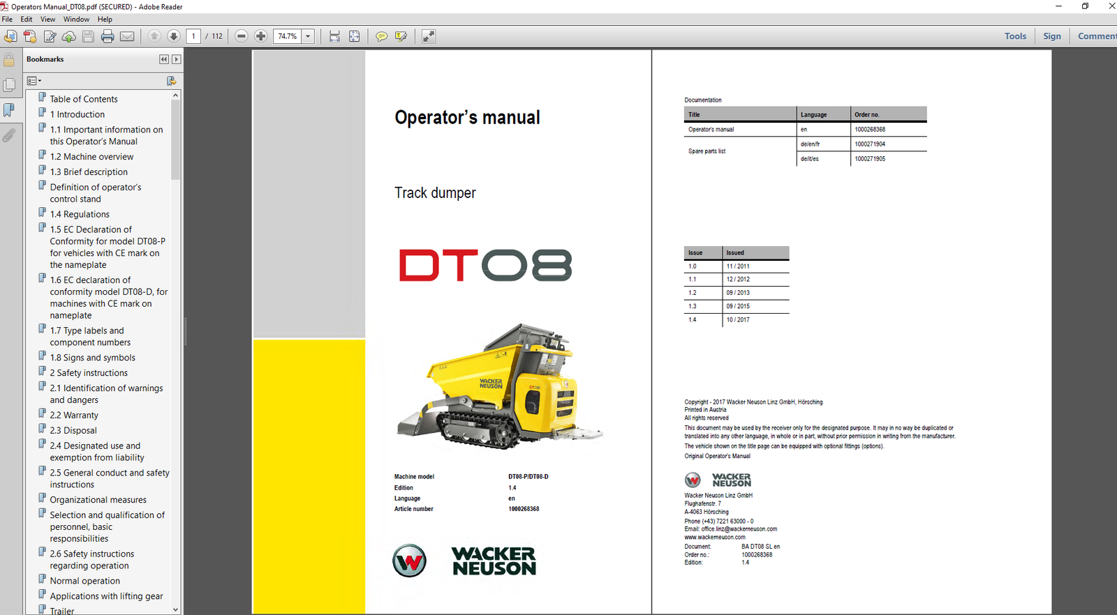 Cover of the Wacker Neuson DT08 Dumper Operator's Manual, showing the model title and a visual representation of the dumper