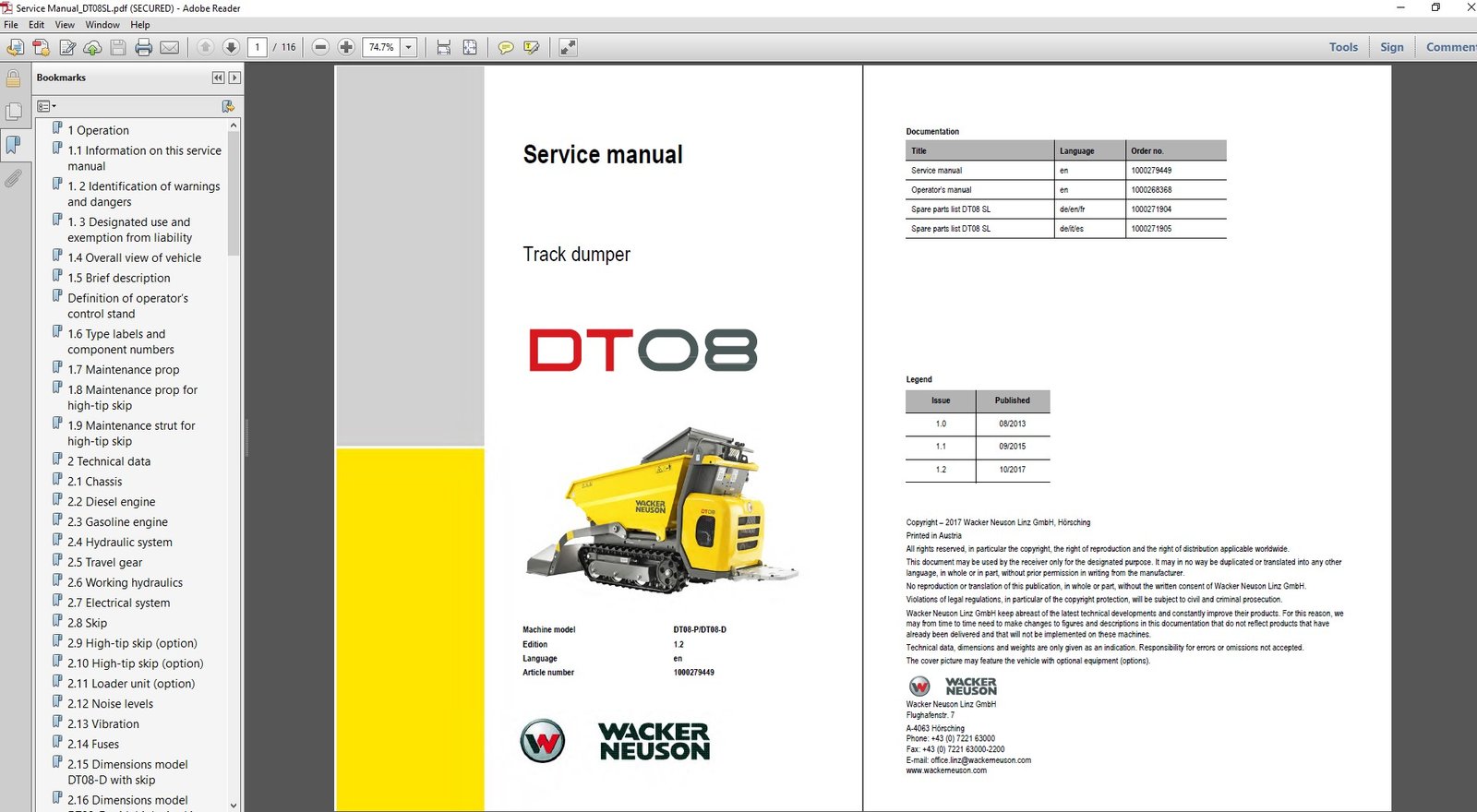 Service Repair Manual for Wacker Neuson DT08 Dumper, showcasing detailed diagrams and maintenance instructions