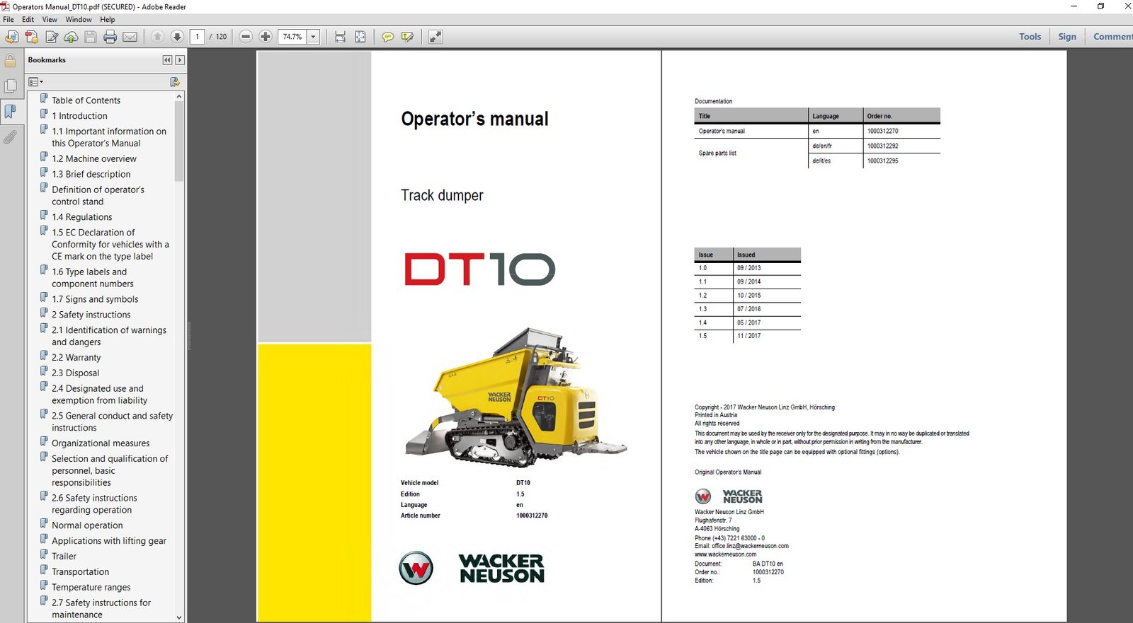 Wacker Neuson DT10PL Dumper Operator's Manual with the model title and an image of the dumper on the front cover