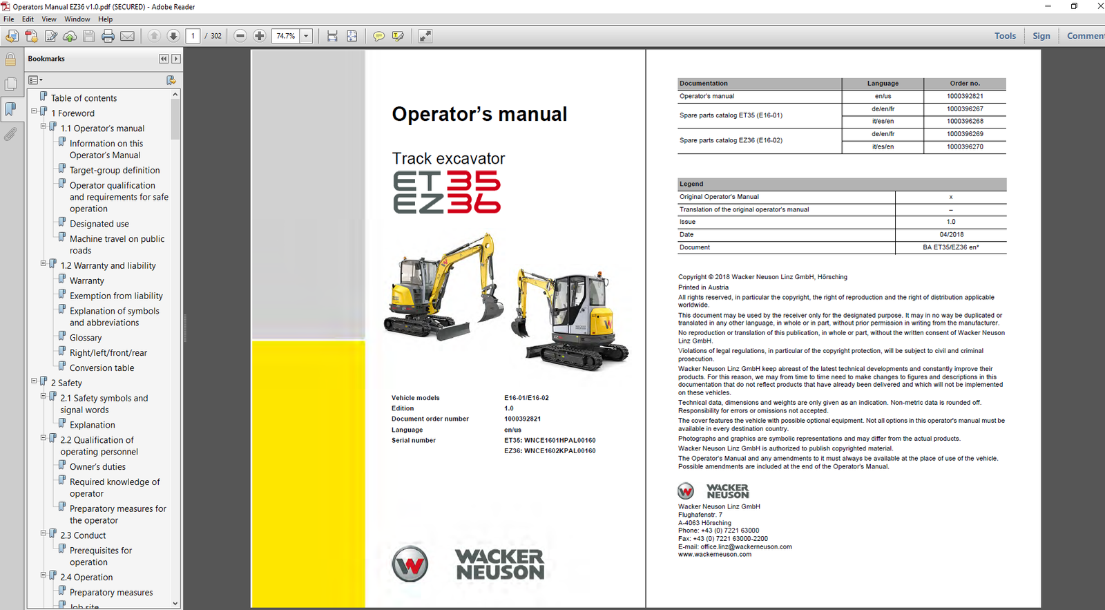 Wacker Neuson EZ36 Excavator Operator's Manual, showcasing the excavator image and the manual title on the front cover