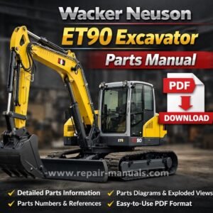 Wacker Neuson ET90 Excavator Parts Manual cover featuring an illustration of the excavator and parts list