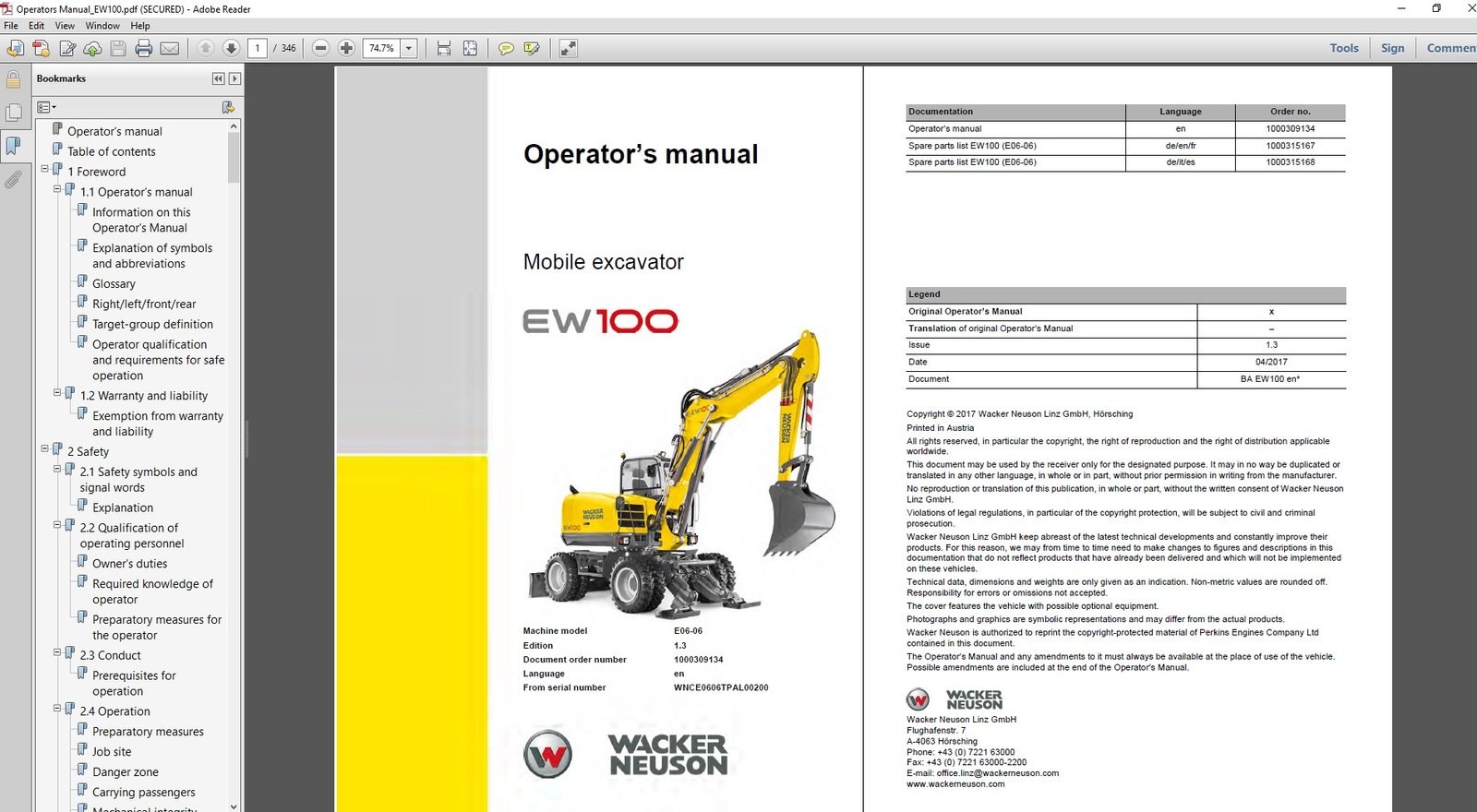 Wacker Neuson EW100 Wheel Excavator Operator's Manual cover featuring the model and key operational details