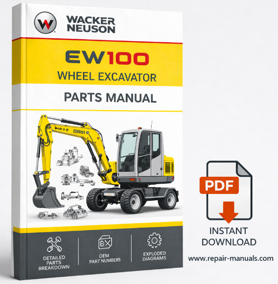 Wacker Neuson EW100 Wheel Excavator Parts Manual cover featuring detailed diagrams and part listings for maintenance