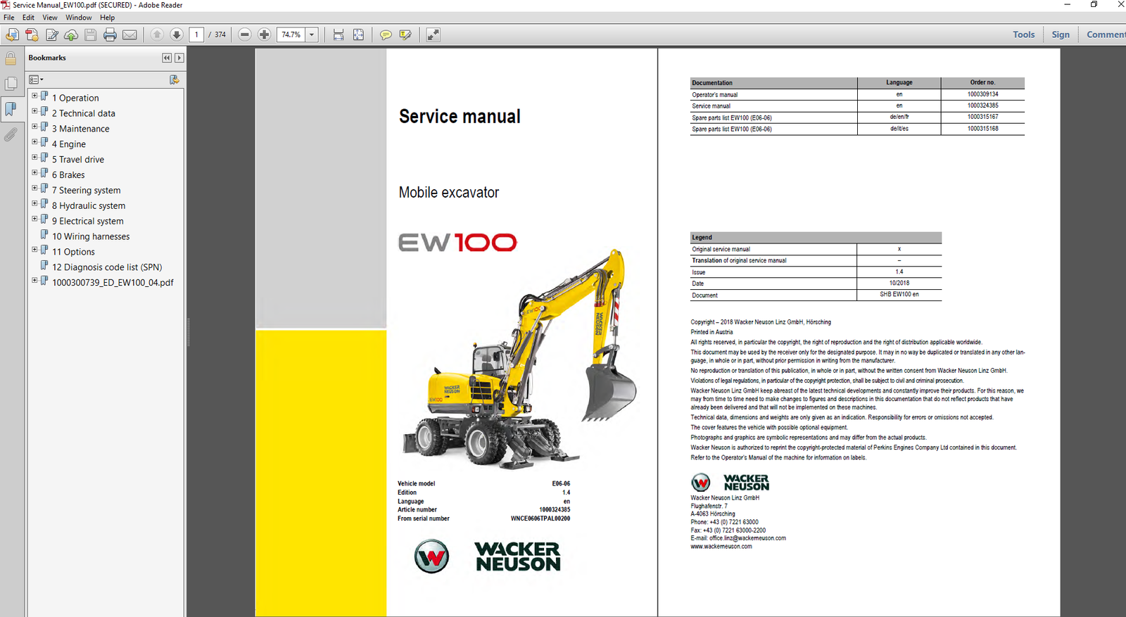 Service Repair Manual for Wacker Neuson EW100 Wheel Excavator, showcasing detailed diagrams and maintenance instructions