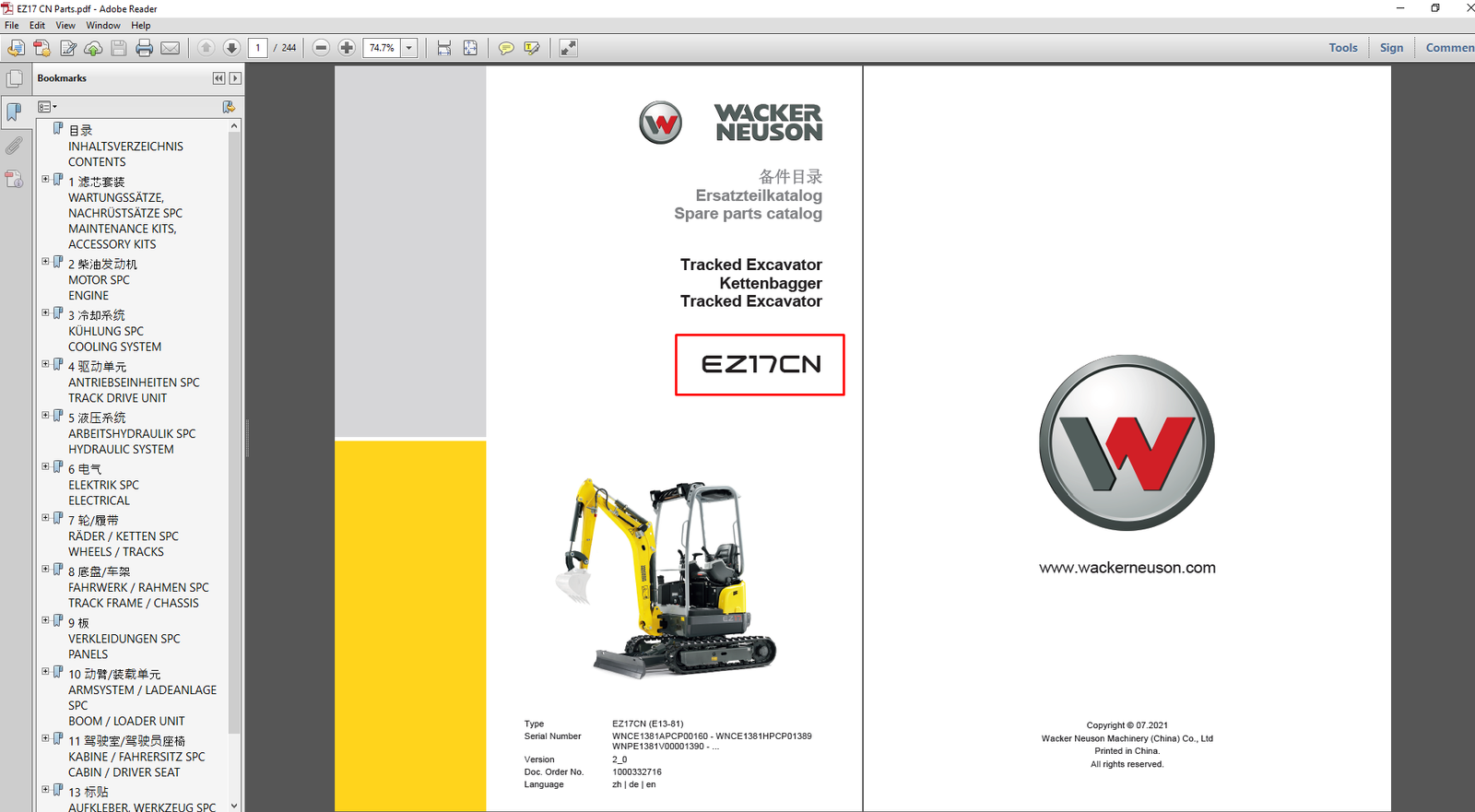 Wacker Neuson EZ17 CN Excavator Parts Manual, showcasing the excavator's components and assembly instructions