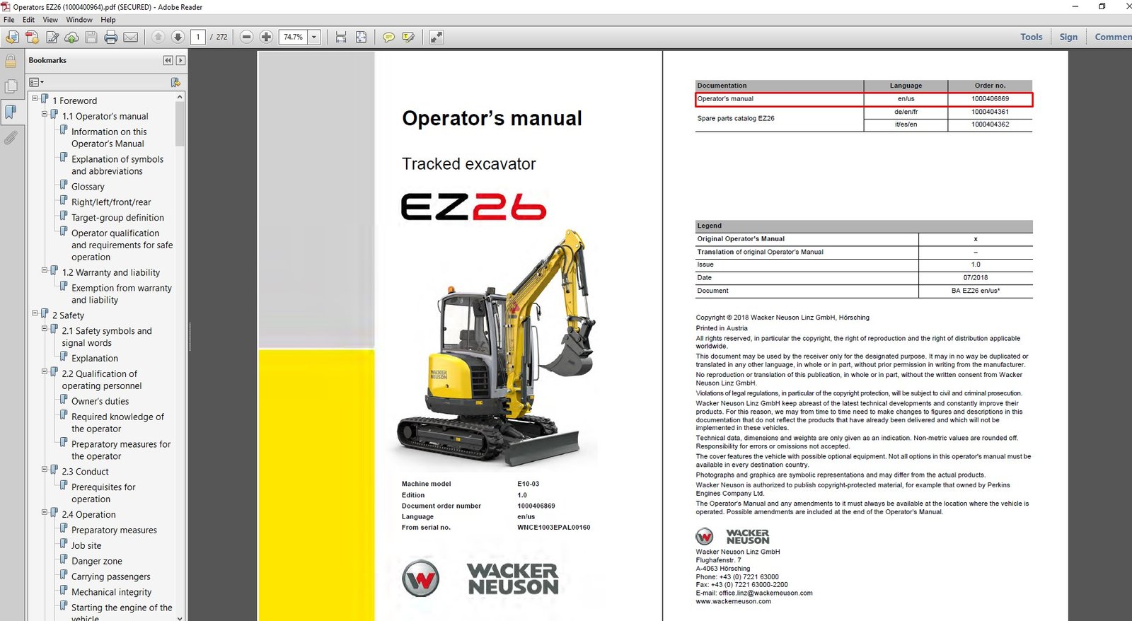 Wacker Neuson EZ26 Excavator Operator's Manual cover featuring the model name and a graphic of the excavator