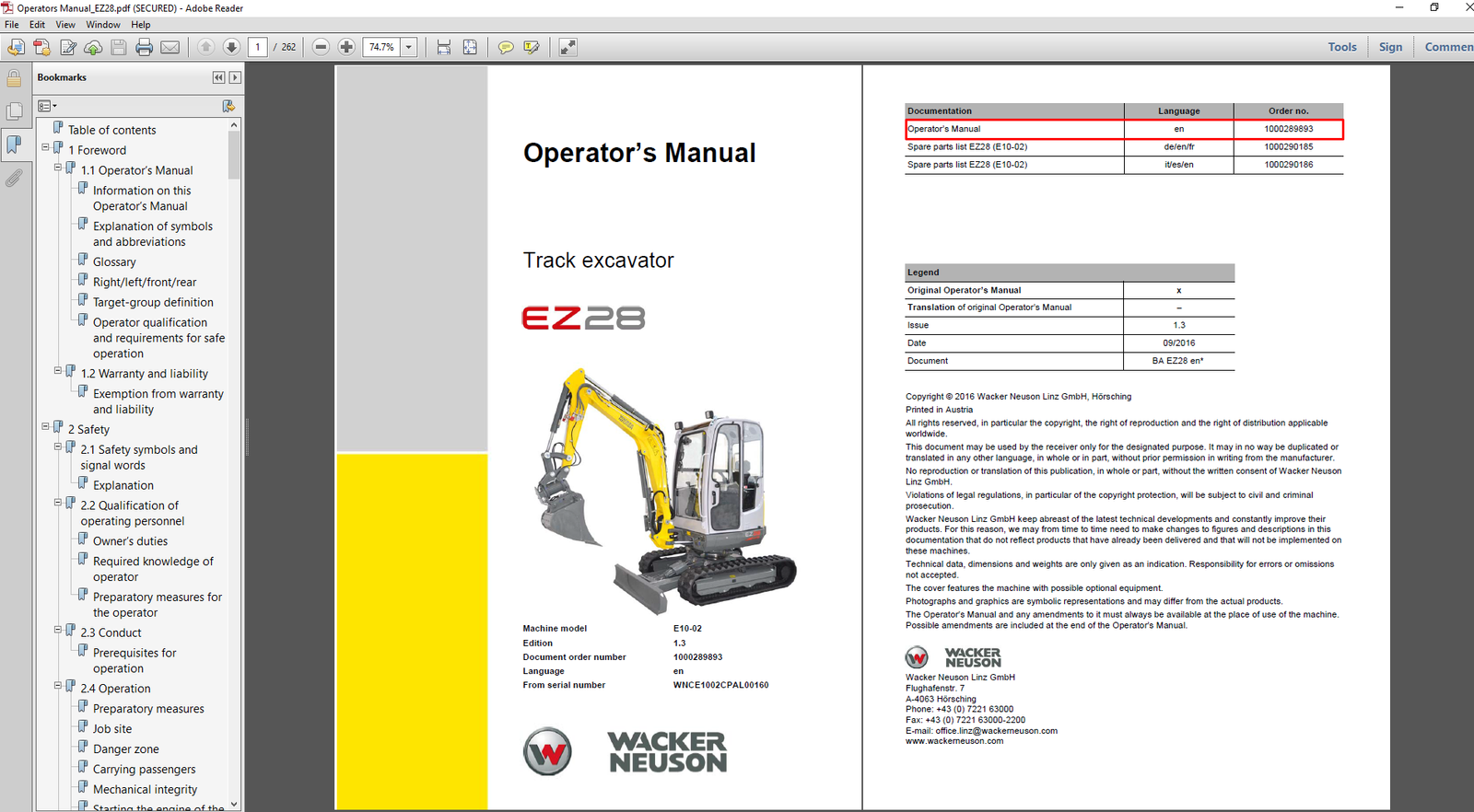 Wacker Neuson EZ28 Excavator Operator's Manual cover featuring the model name and a graphic of the excavator