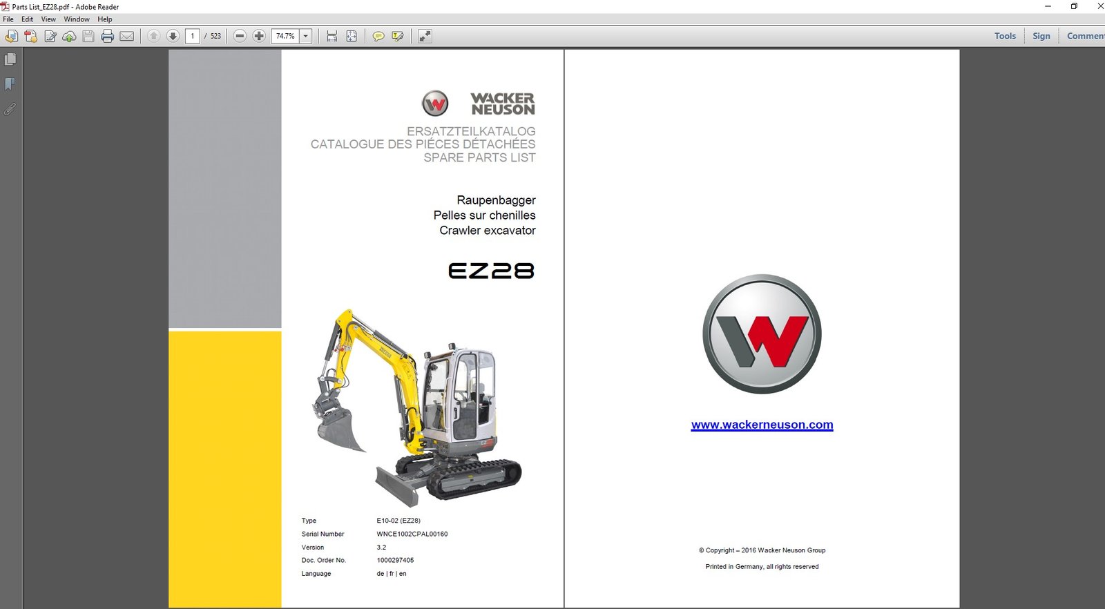 Parts manual for Wacker Neuson EZ28 Excavator, showcasing diagrams and specifications for efficient maintenance and repairs