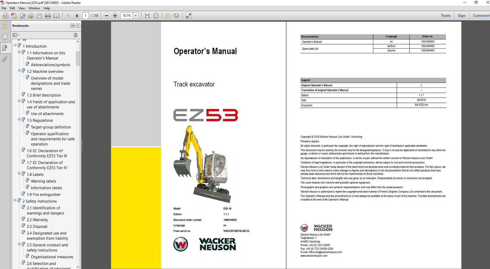 Operator's manual for Wacker Neuson ET65, ET90, and EZ80 excavators, detailing usage and maintenance instructions