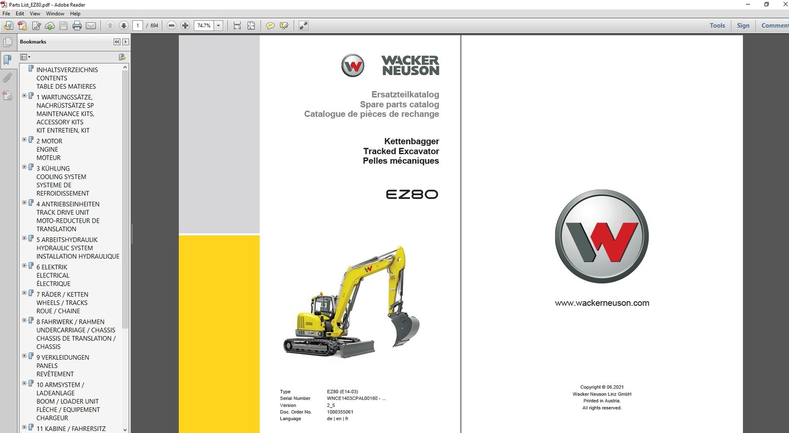 Parts manual for Wacker Neuson EZ80 Excavator, displaying the excavator image and title prominently on the cover