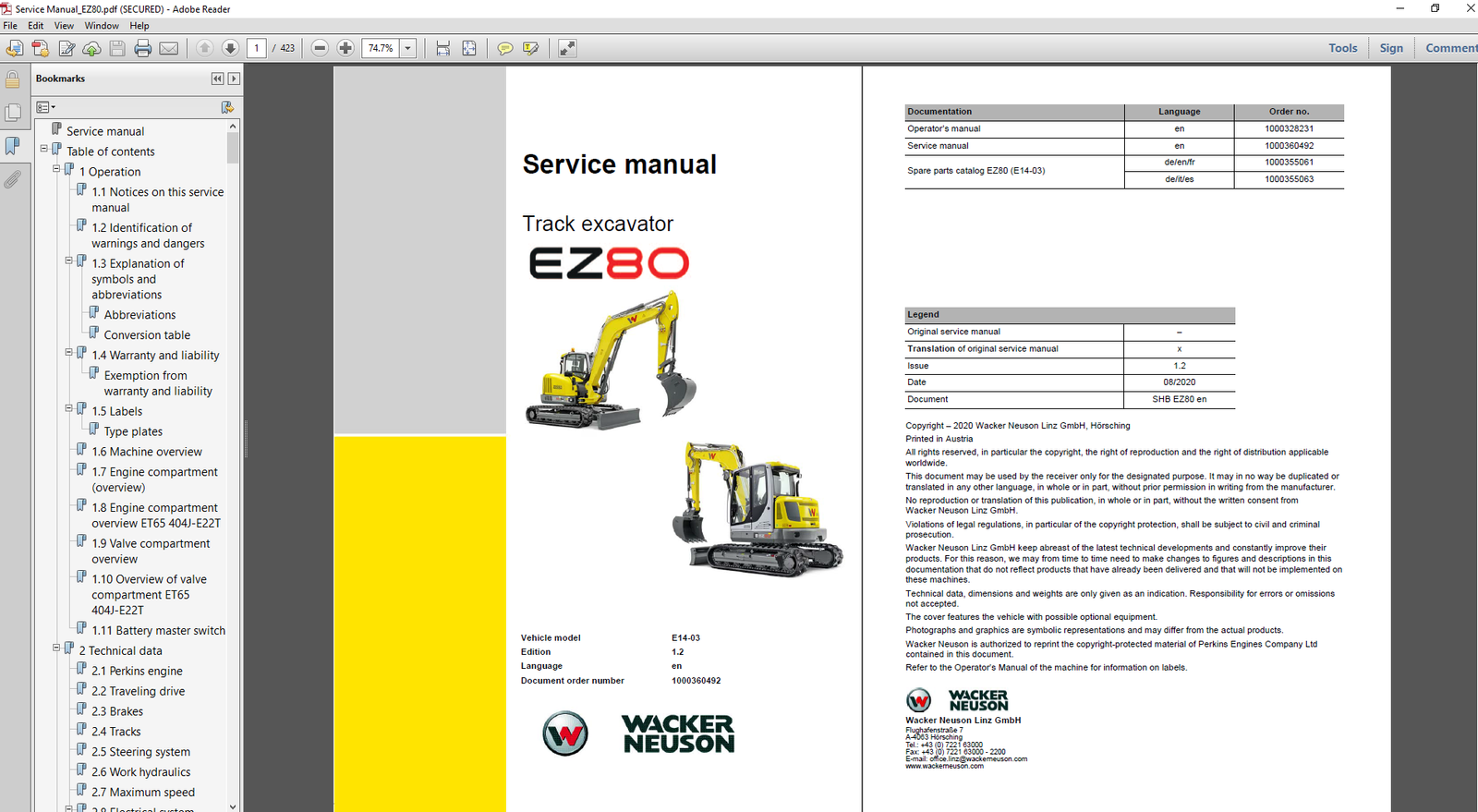 Service Repair Manual for Wacker Neuson EZ80 Excavator, showcasing detailed diagrams and maintenance instructions