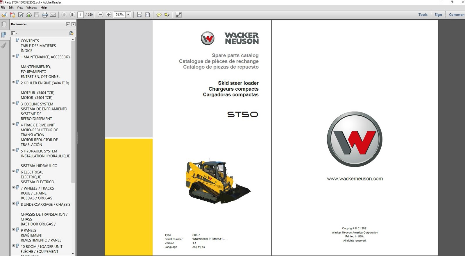 Wacker Neuson ST50 Skid Steer Parts Manual, showcasing detailed images and specifications for various components