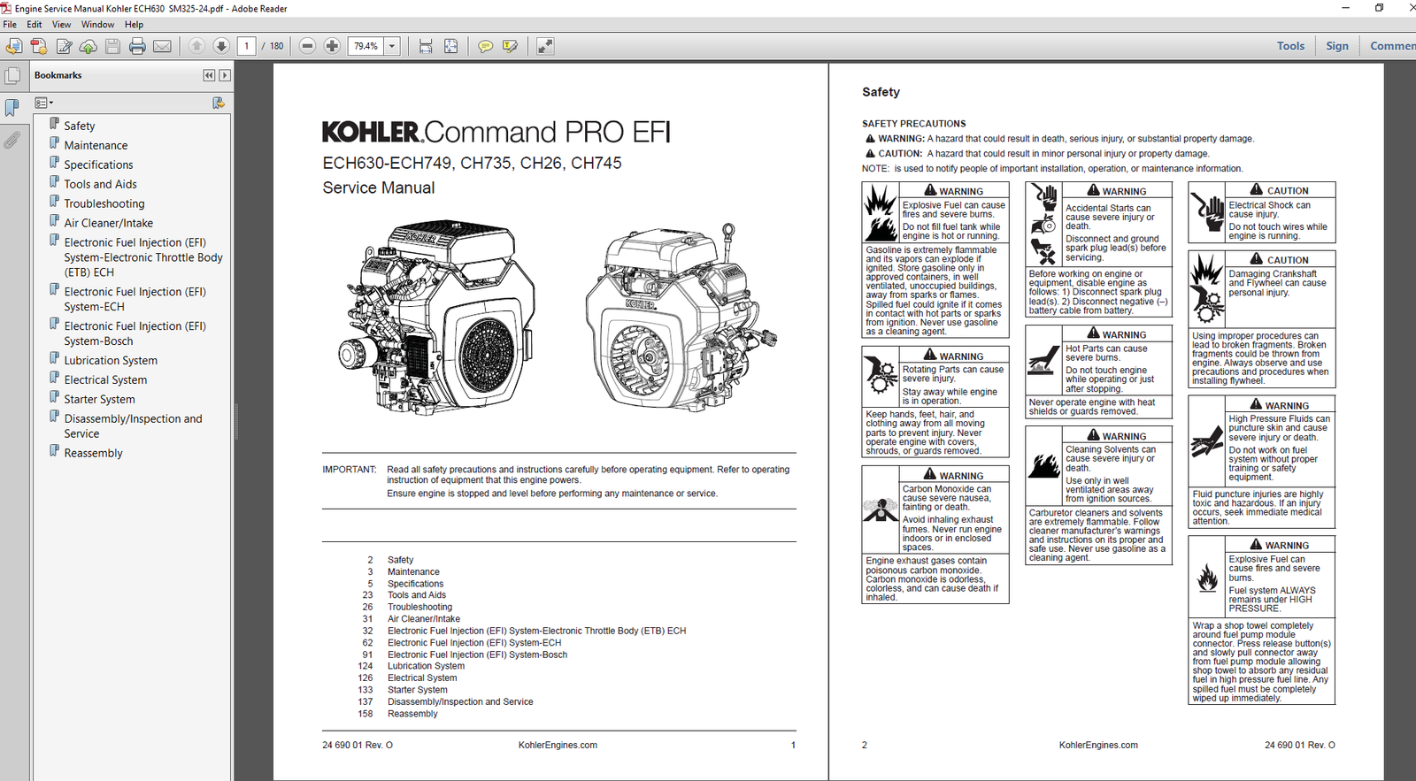Kohler CH735 Engine Service Repair Manual cover featuring the title and an illustration of the engine components