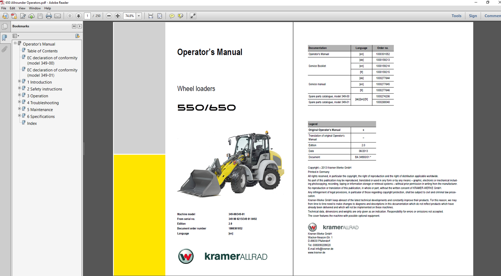 Operator's Manual for Wacker Neuson 550 and 650 Kramer Wheel Loaders, detailing usage instructions and safety information
