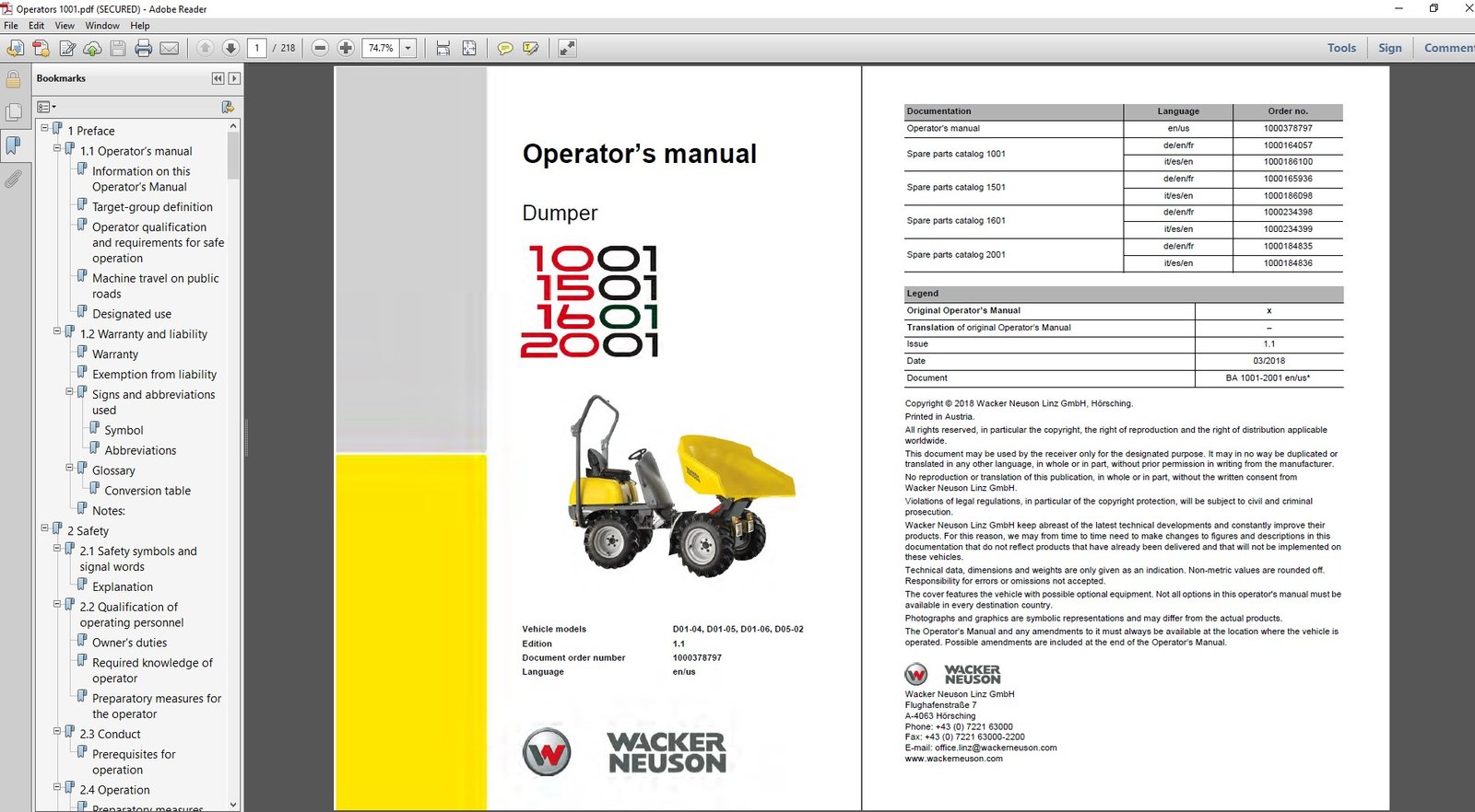 Wacker Neuson Dumper Operator's Manual for models 1001, 1501, 1601, and 2001, detailing operation and safety guidelines