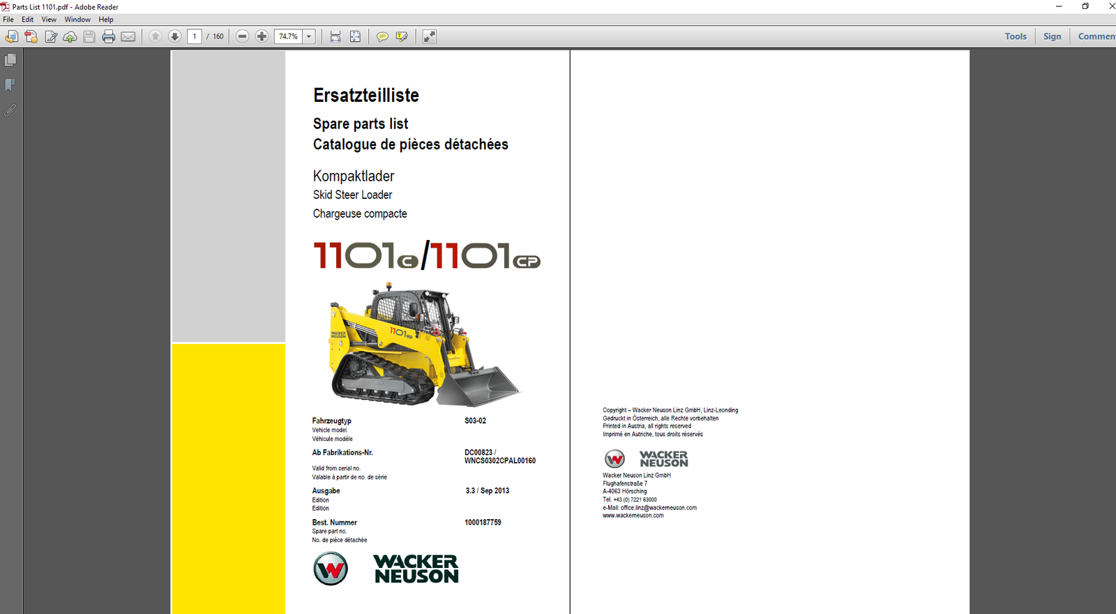 Wacker Neuson 1101CP Compact Loader Parts Manual, illustrating parts and maintenance guidelines for efficient operation