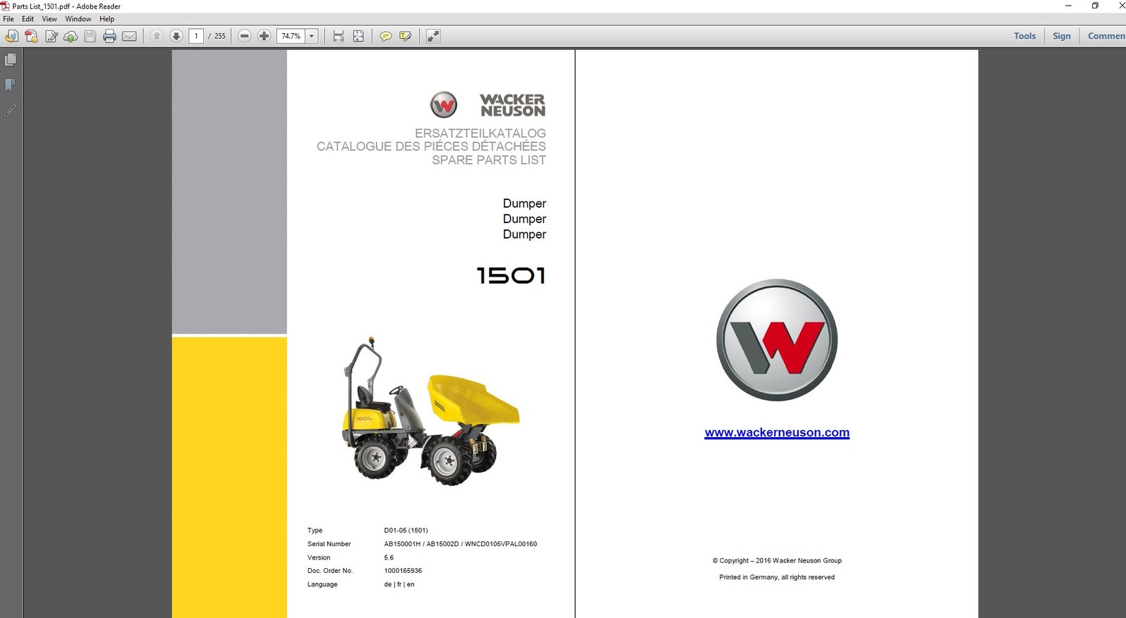 Wacker Neuson 1501 Dumper Parts Manual cover featuring a detailed illustration of the dumper and parts list