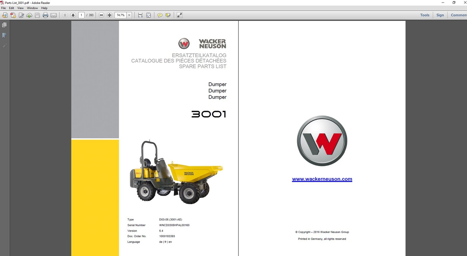Wacker Neuson 3001 Dumper Parts Manual, showcasing detailed images and descriptions of various dumper components