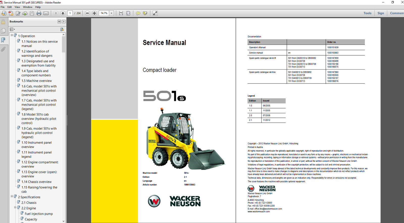Wacker Neuson 501S Skid Steer Service Repair Manual, displaying the model name and technical graphics on the cover
