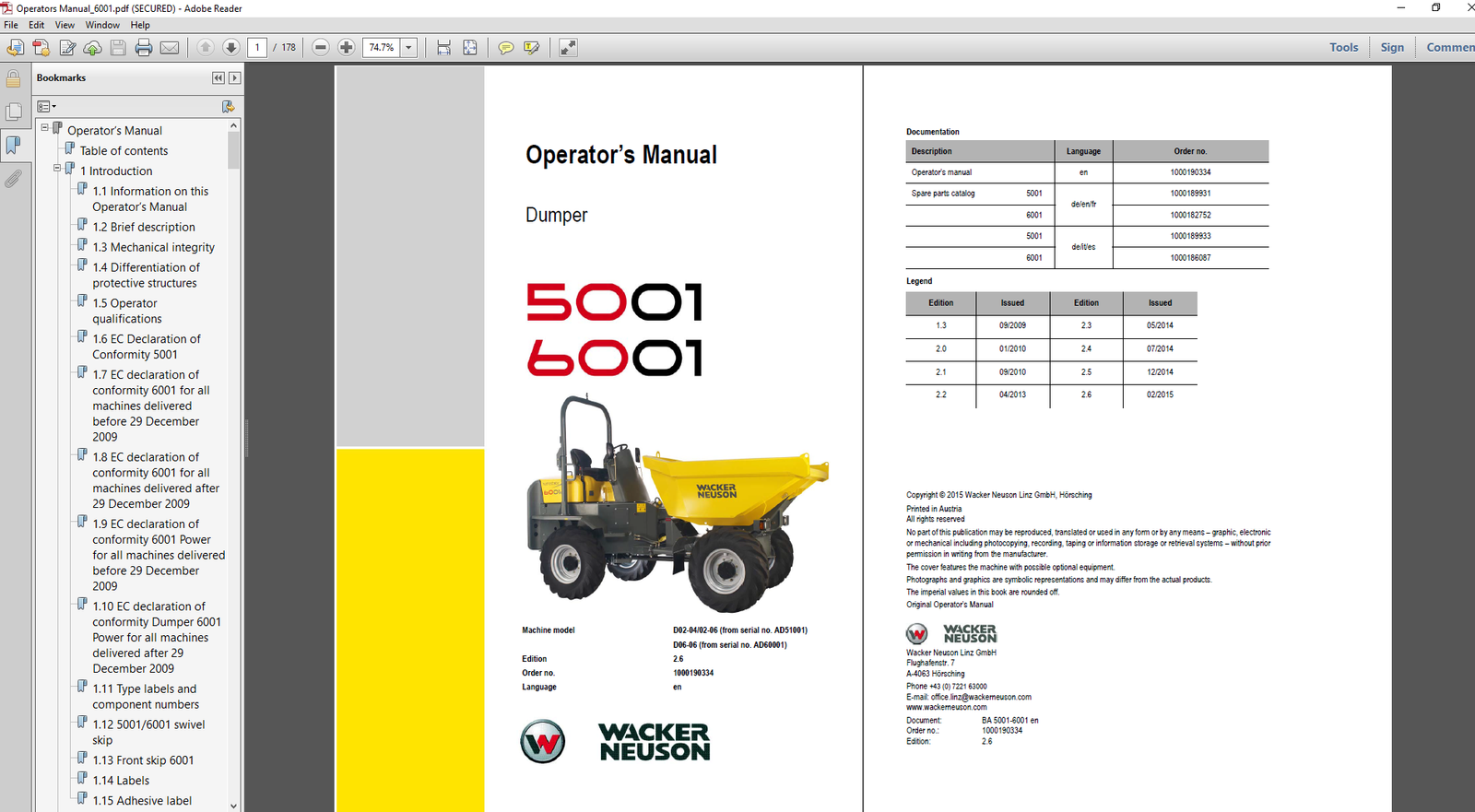 Operator's Manual for Wacker Neuson 5001 and 6001 Dumpers, detailing usage instructions and safety information