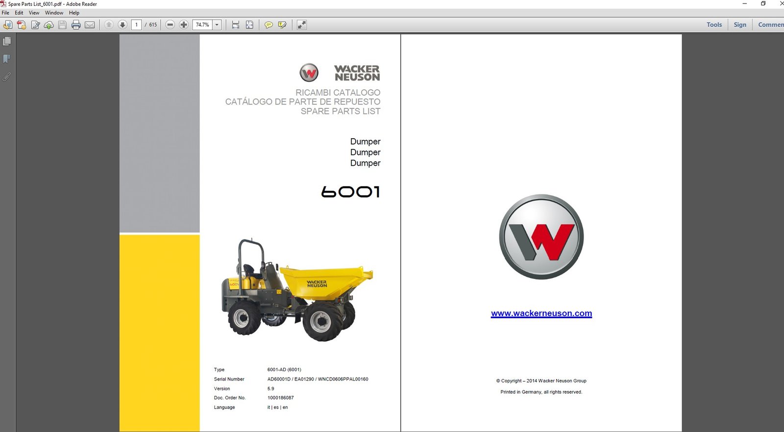 Wacker Neuson 6001 Dumper Parts Manual, showcasing detailed parts diagrams and essential maintenance information