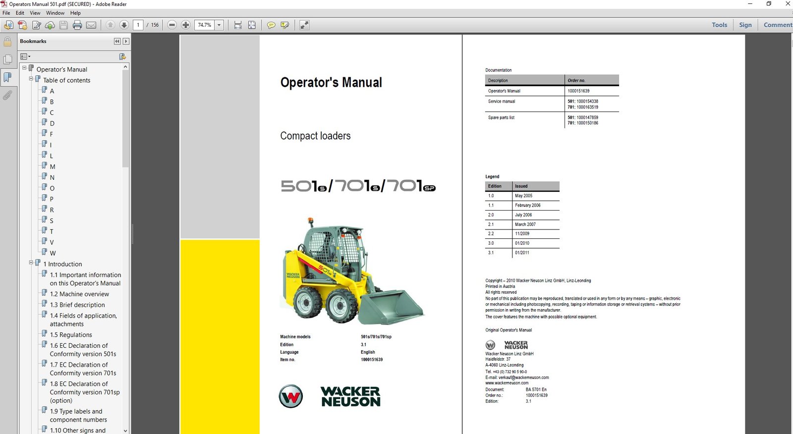 Wacker Neuson skid steer operator's manual for models 501S, 701S, and 701SP, displaying key operational guidelines