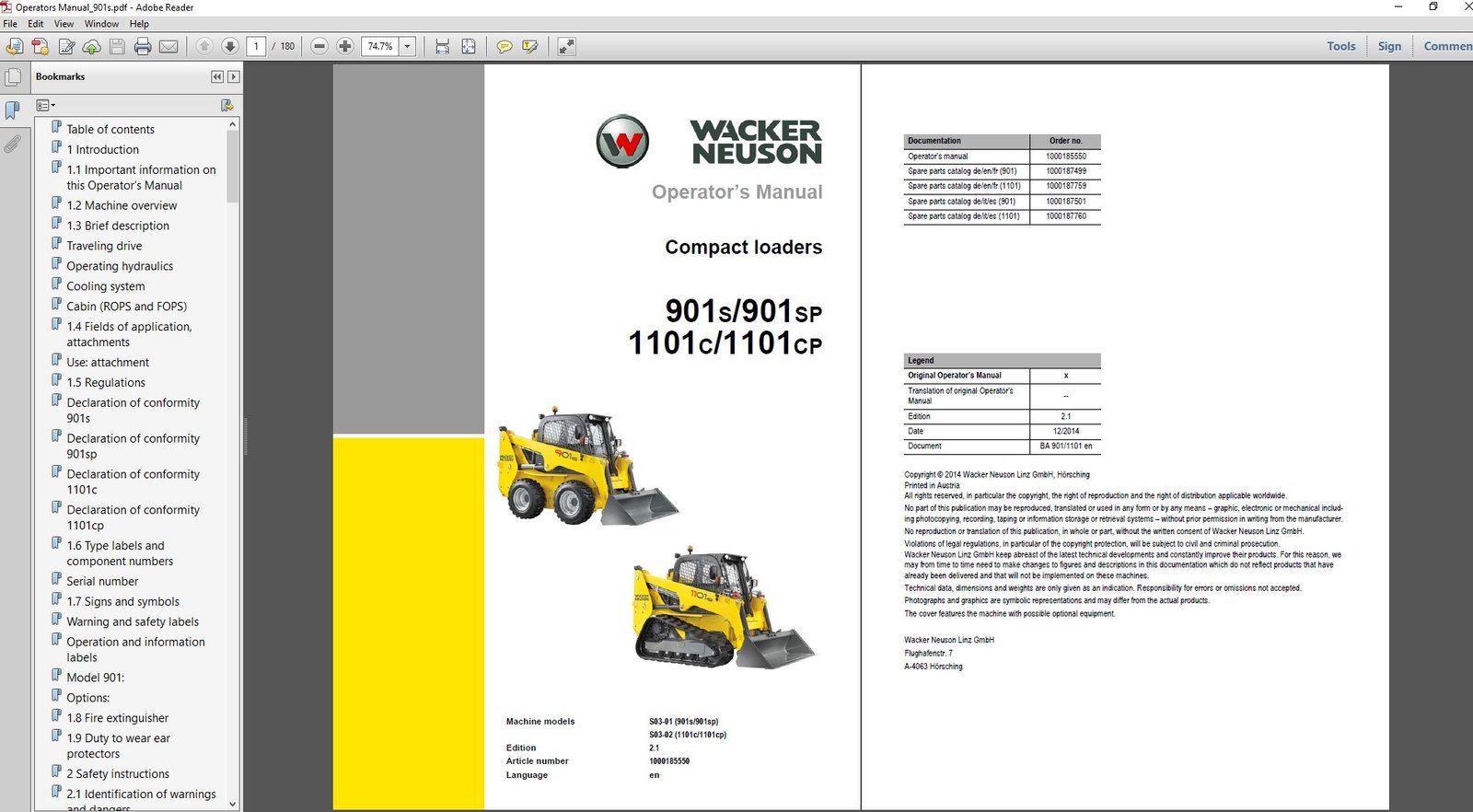 Comprehensive operator's manual for Wacker Neuson 901S, 901SP, 1101C, and 1101CP, including safety and operational details