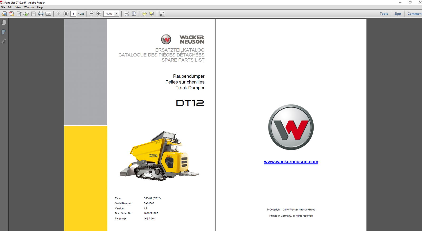 Wacker Neuson DT12 Dumper Parts Manual cover featuring the model name and technical illustrations of parts