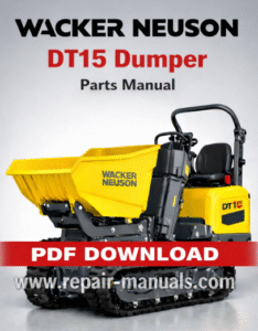 Wacker Neuson DT15 Dumper Parts Manual cover featuring the model name and technical illustrations of parts