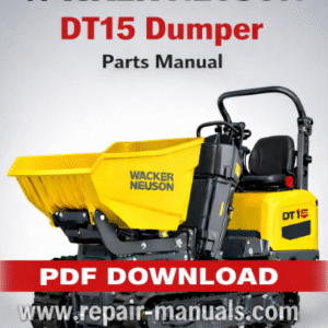 Wacker Neuson DT15 Dumper Parts Manual cover featuring the model name and technical illustrations of parts