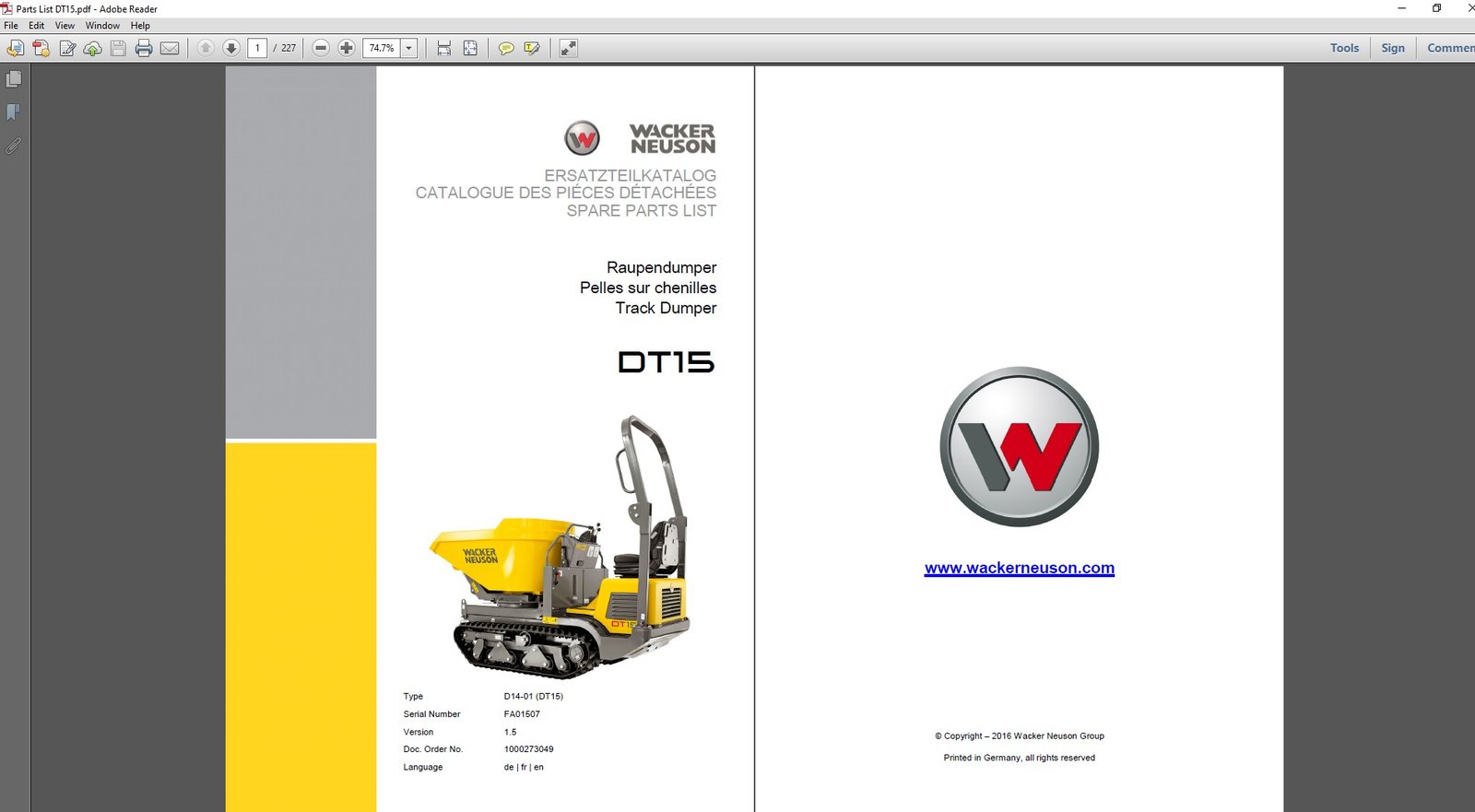 Wacker Neuson DT15 Dumper Parts Manual, showcasing detailed parts diagrams and essential maintenance information