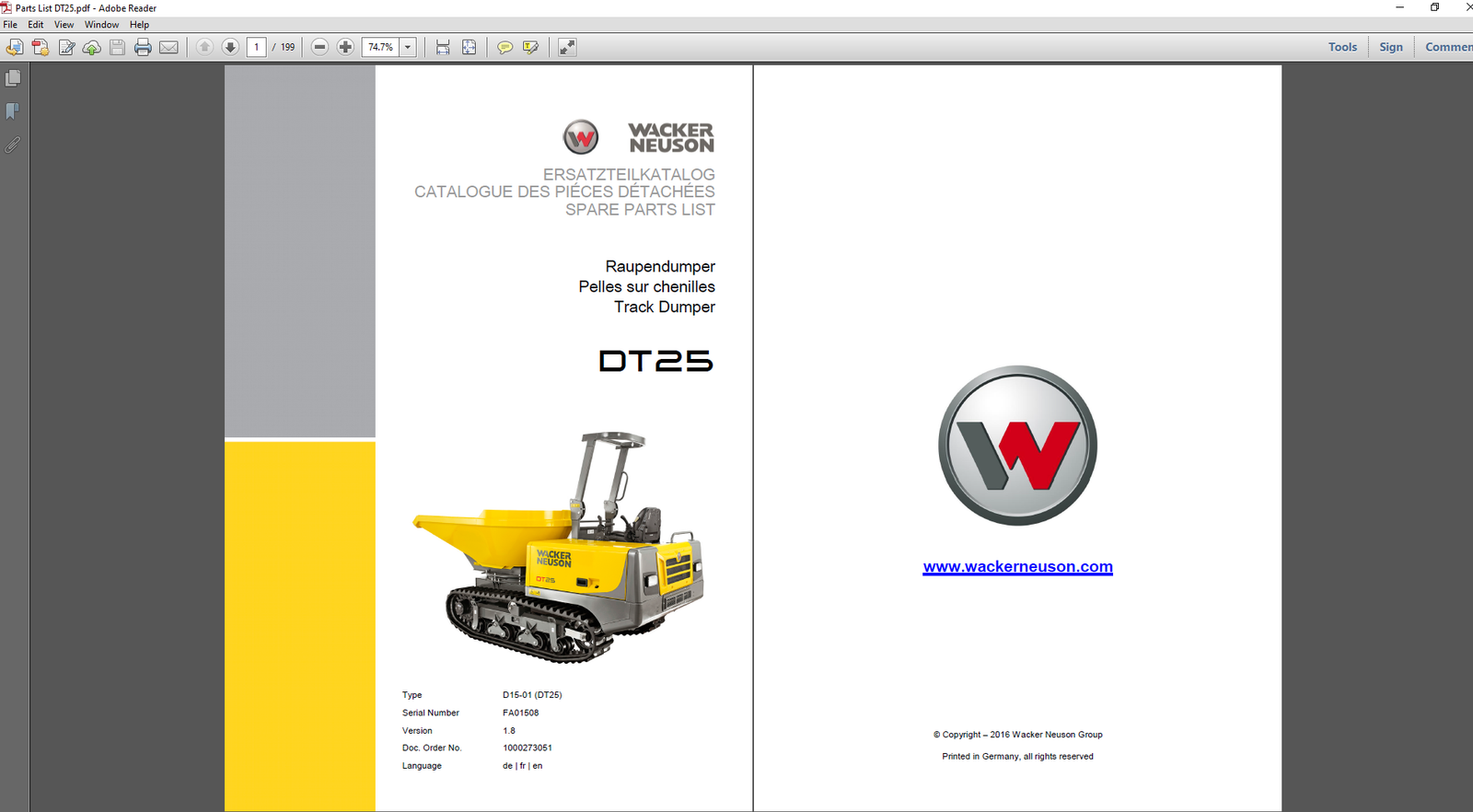 Wacker Neuson DT25 Dumper Parts Manual, showcasing detailed images and descriptions of various dumper components