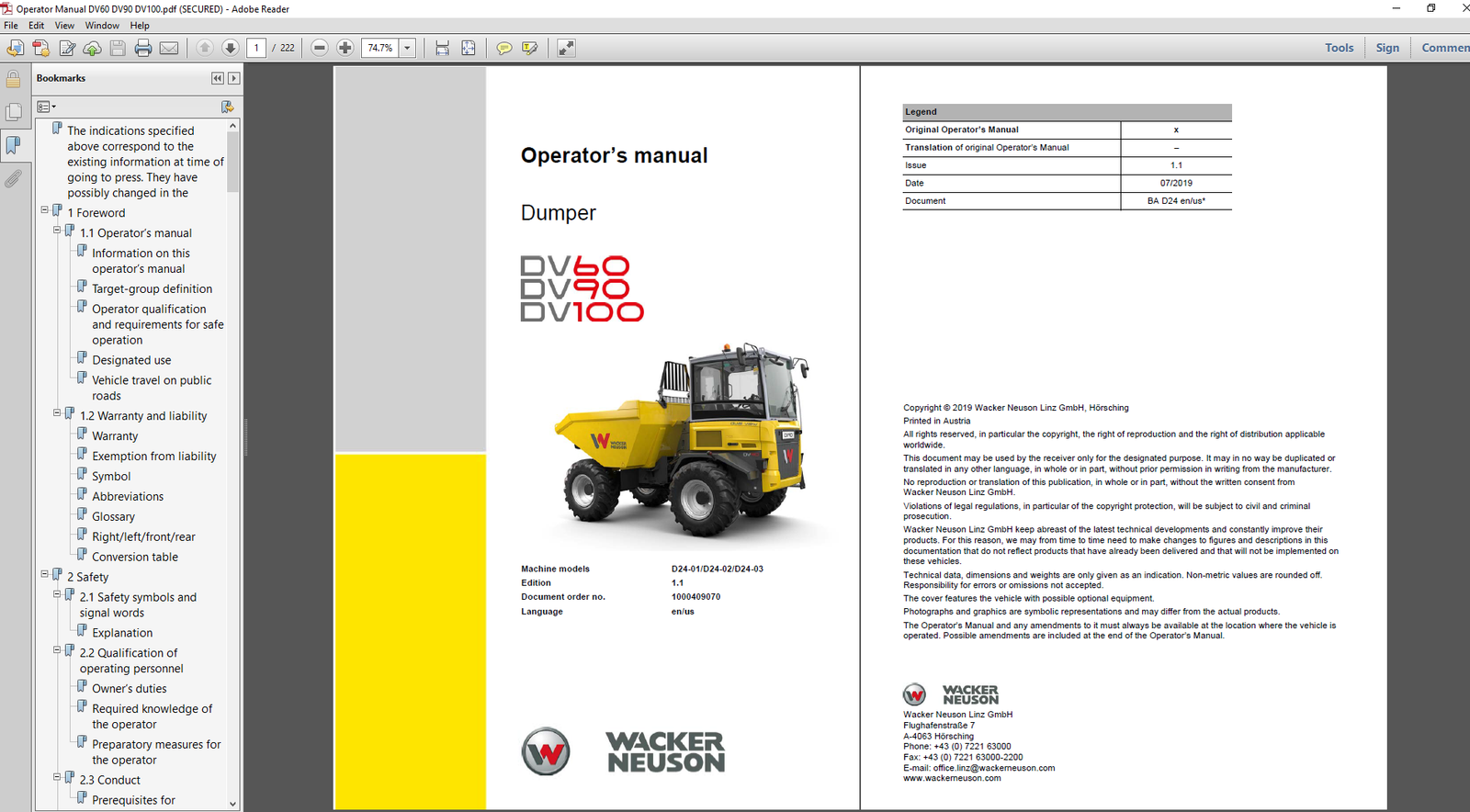 Wacker Neuson DV60, DV90, DV100 Dumper Operator's Manual cover featuring the model names and a technical illustration