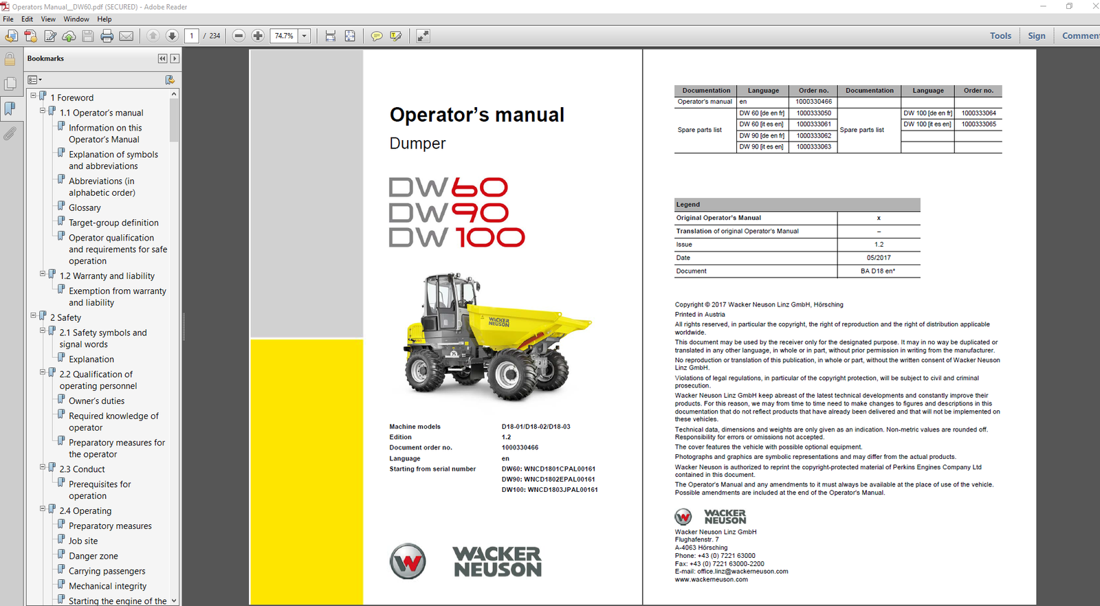 Wacker Neuson DW60, DW90, DW100 Dumper Operator's Manual cover featuring the model names and a technical illustration