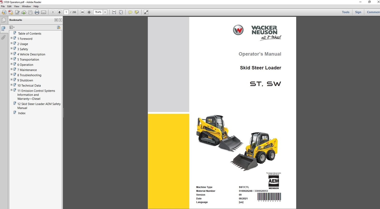 Wacker Neuson ST and SW Series SkidSteer Loader Operator's Manual cover featuring the loader and safety instructions