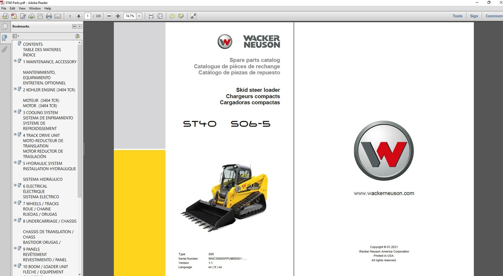 Wacker Neuson ST40 Skid Steer Parts Manual, showcasing detailed images and specifications for various components
