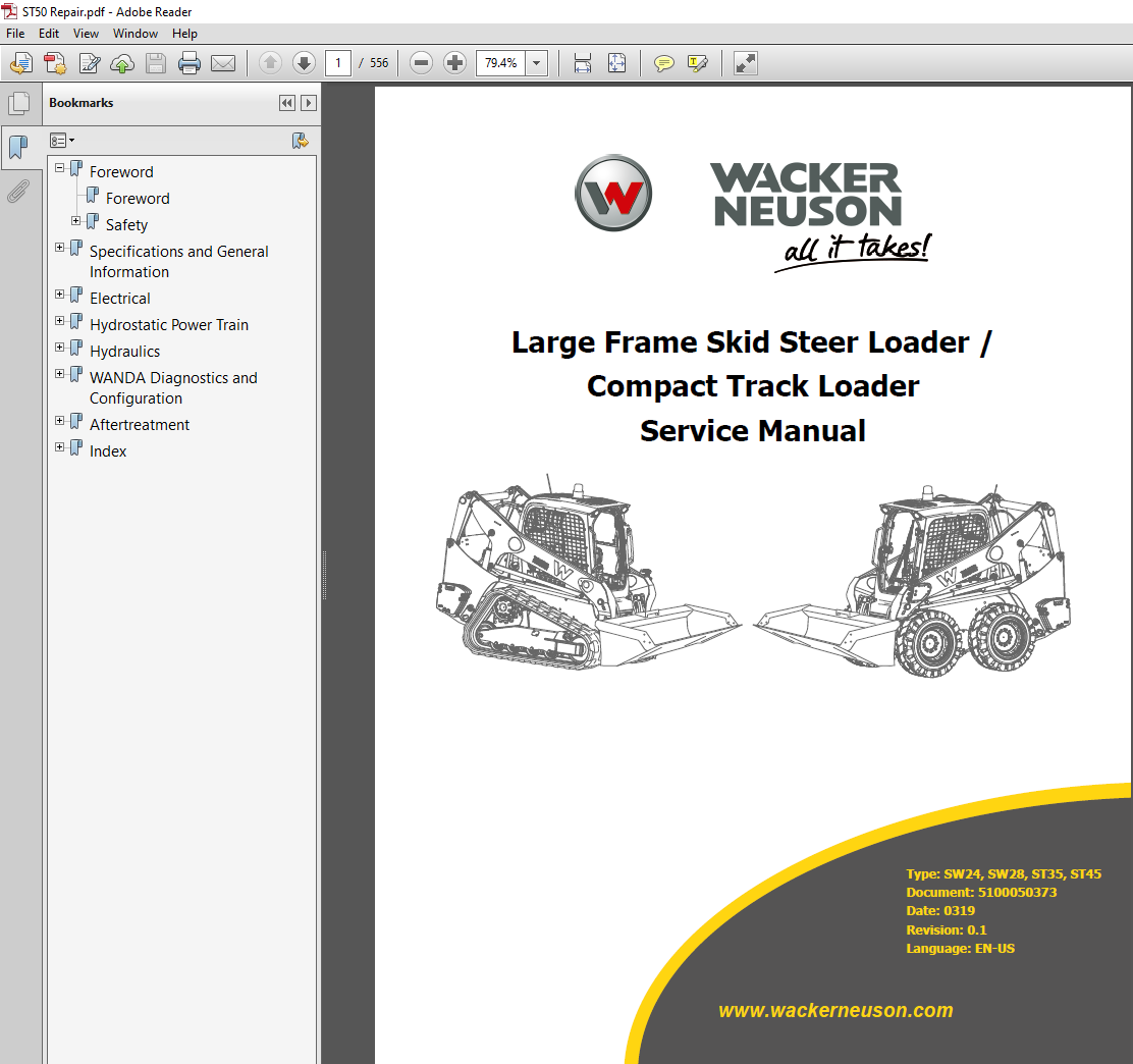Wacker Neuson ST50 Skid Steer Service Repair Manual cover featuring the model and repair information