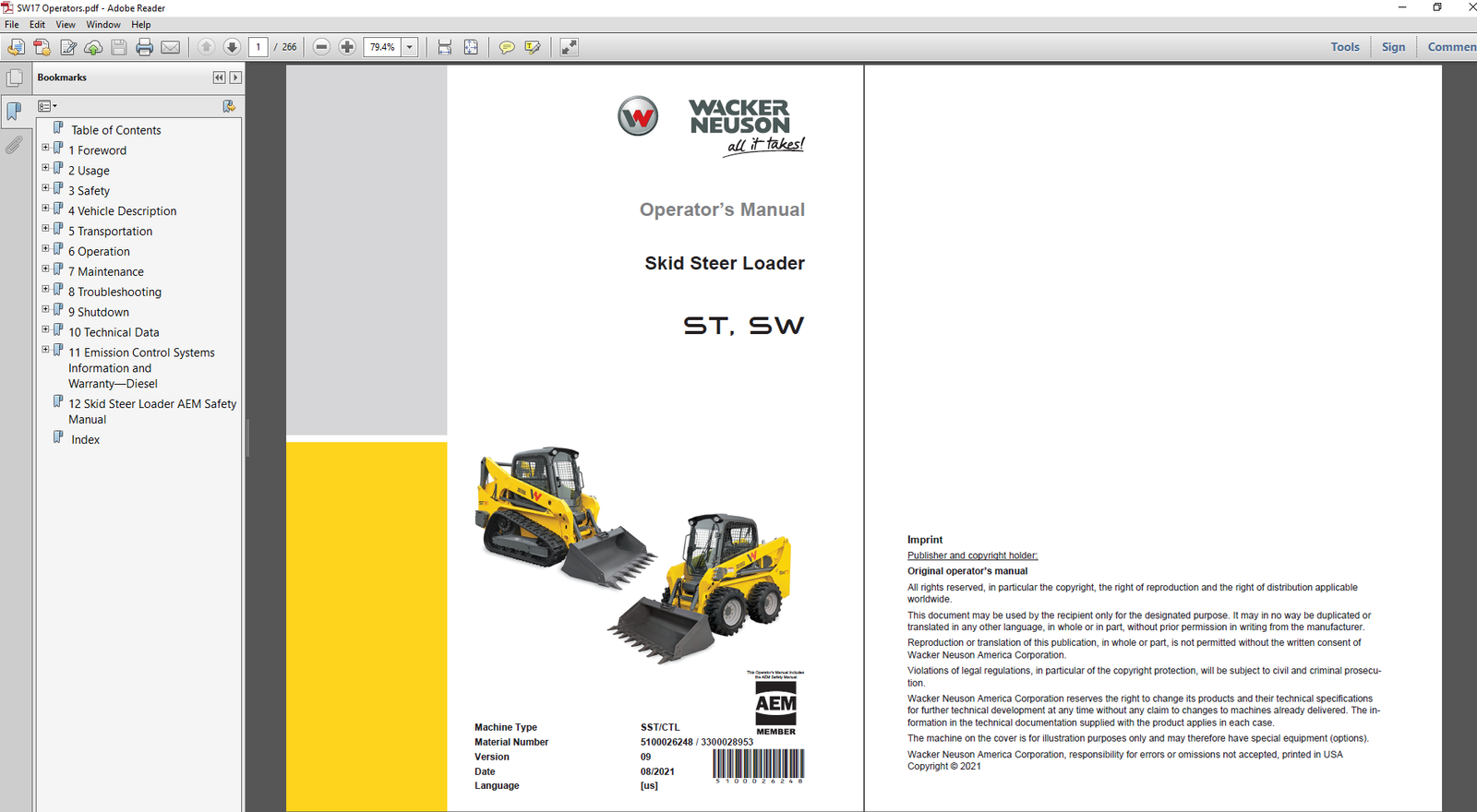 Operator's Manual for Wacker Neuson SW21 Skid Steer, displaying essential operational guidelines and safety tips