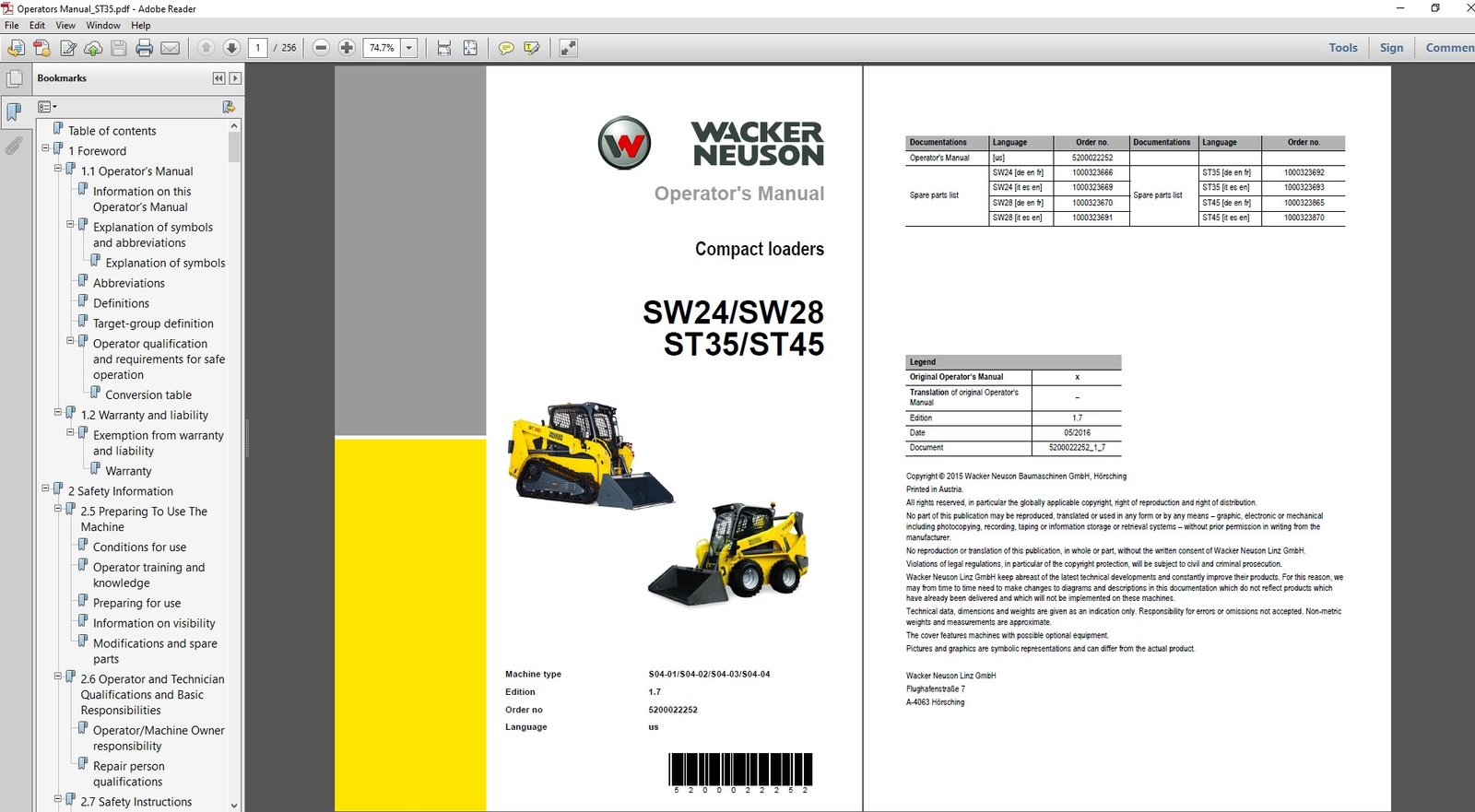 Operator's manual for Wacker Neuson SW24, SW28, ST35, and ST45 skid steer loaders, detailing usage and maintenance