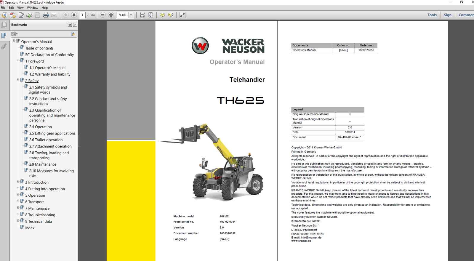 Wacker Neuson TH625 Telehandler Operator's Manual, providing essential information for safe and effective operation