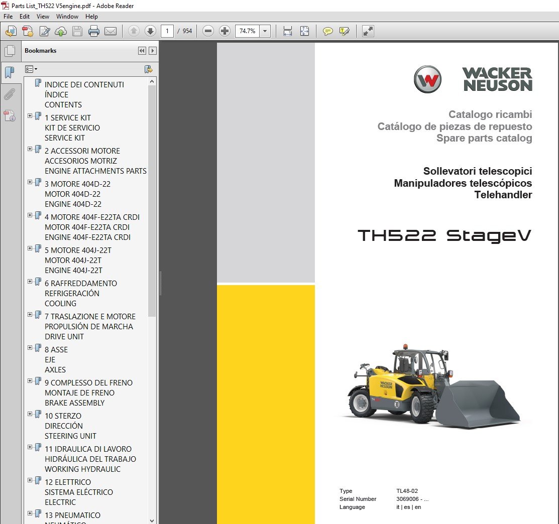 Wacker Neuson TH522 StageV Telehandler Parts Manual cover featuring the model name and technical illustrations