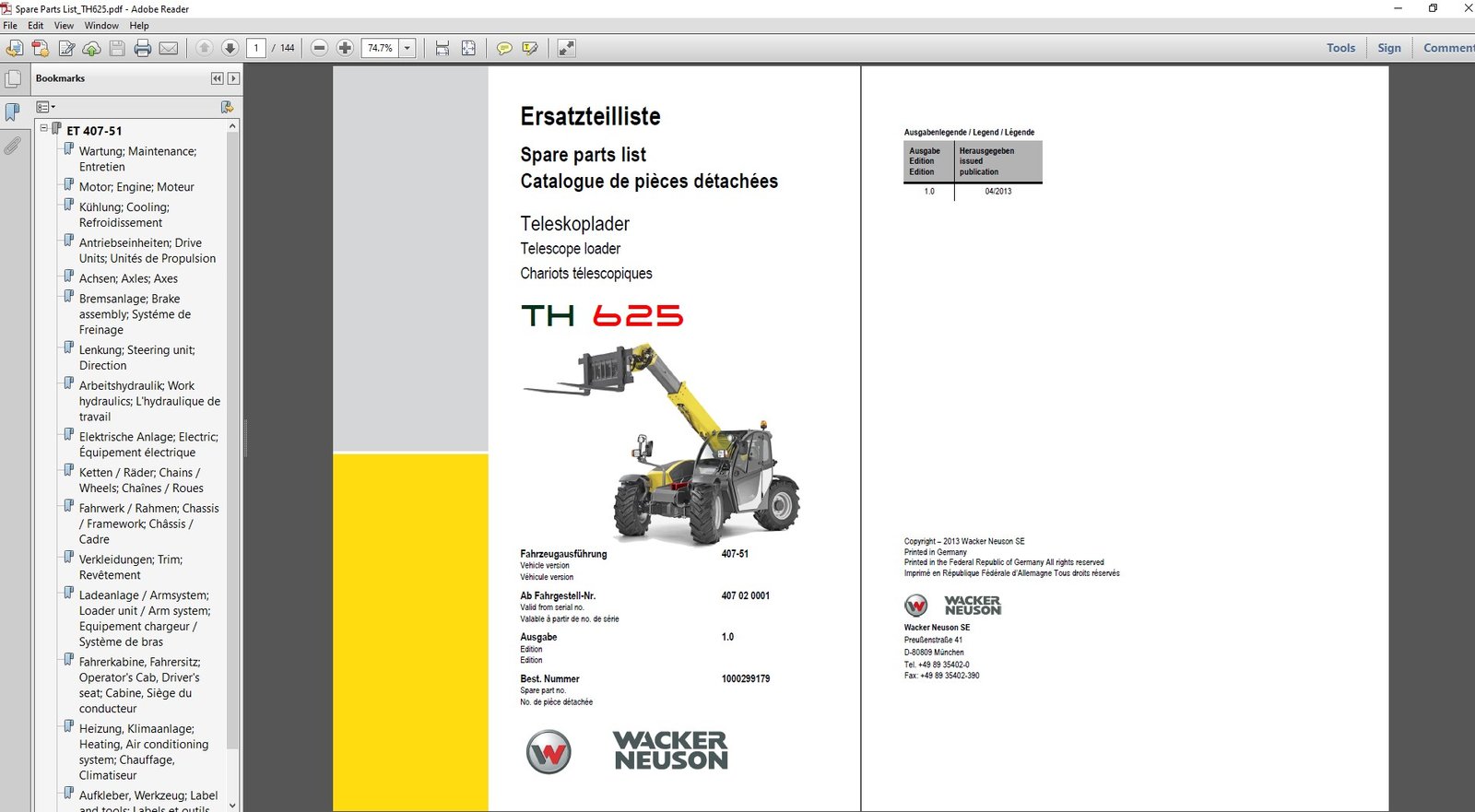 Parts manual for Wacker Neuson TH625 Telehandler, displaying diagrams and part numbers for maintenance and repairs