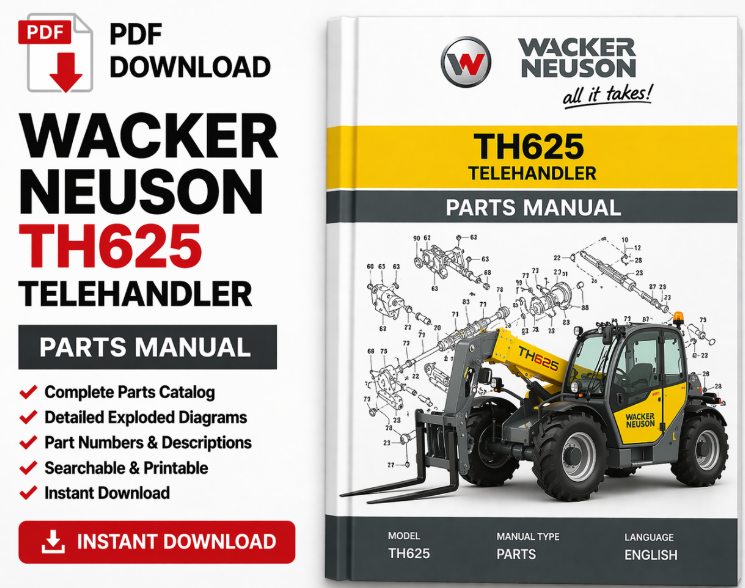 Wacker Neuson TH625 Telehandler Parts Manual cover featuring the model name and technical illustrations