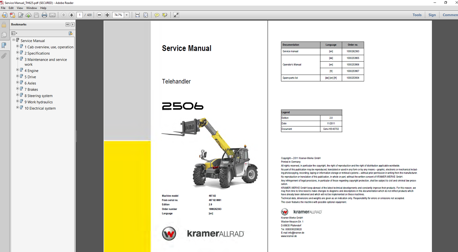 Wacker Neuson 2506 (TH625) Telehandler Service Repair Manual, highlighting essential maintenance and repair information