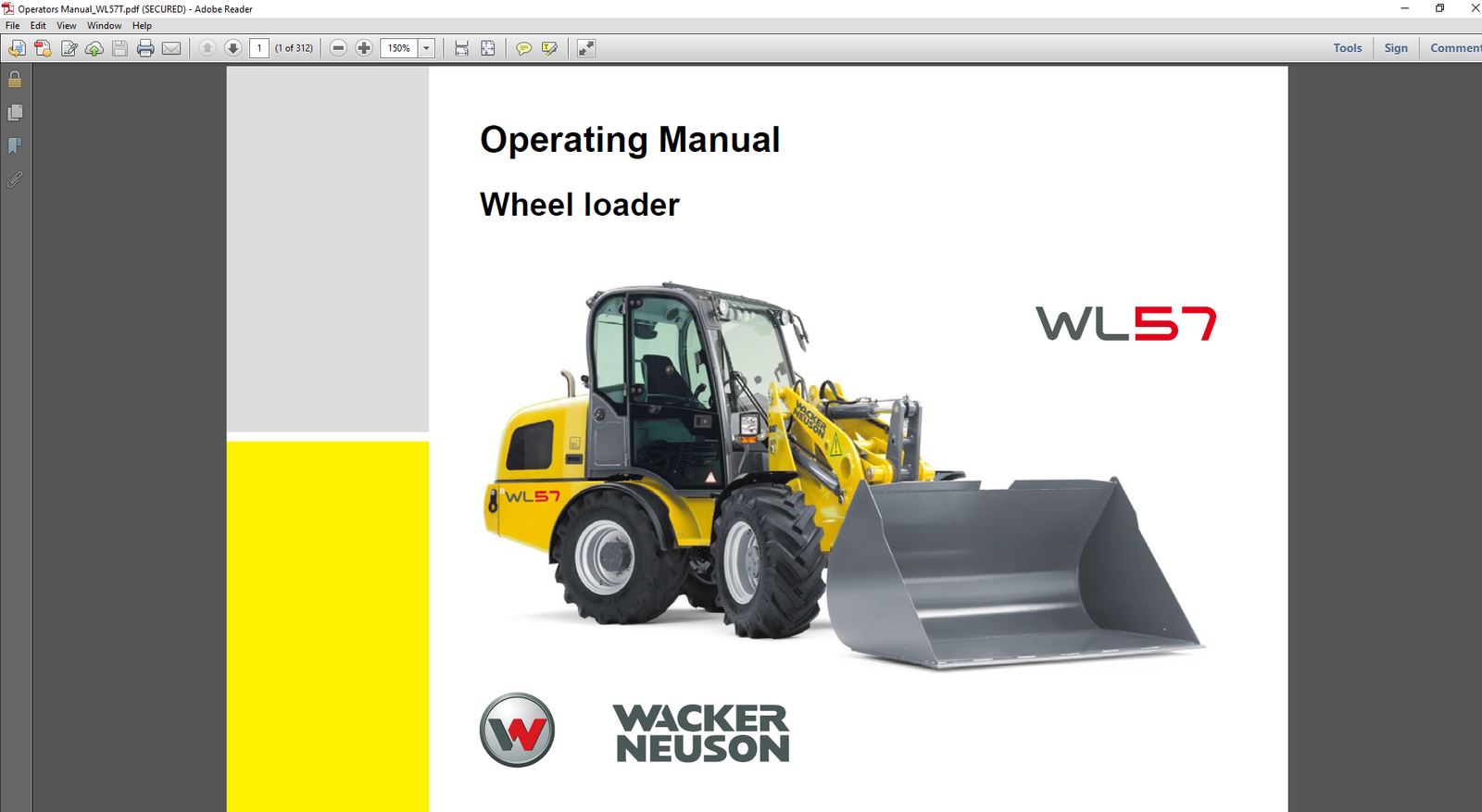 Wacker Neuson WL57 Wheel Loader Operator's Manual cover featuring the loader and safety instructions