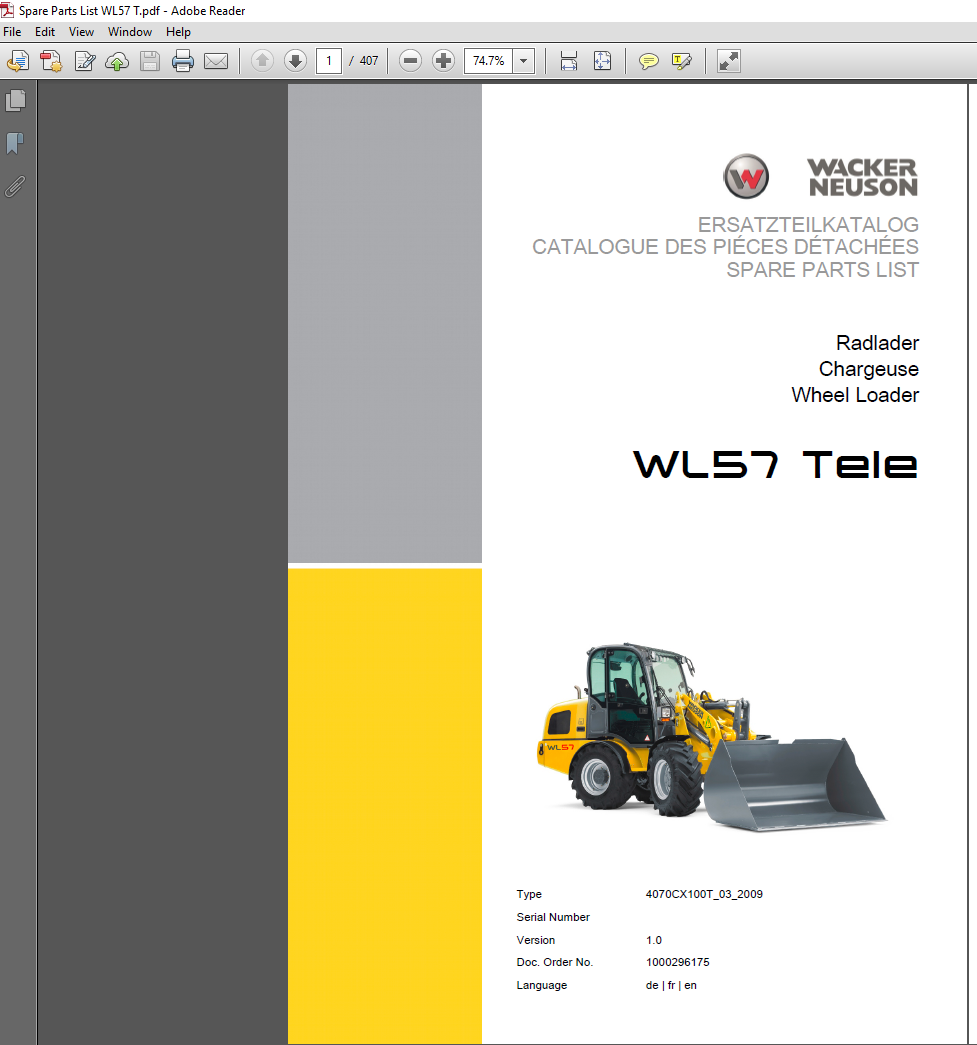 Wacker Neuson WL57 Tele Wheel Loader Parts Manual, showcasing parts illustrations and technical specifications