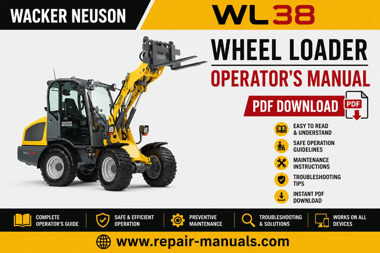 Operator's Manual for Wacker Neuson WL38 Wheel Loader, displaying the loader image and manual title prominently