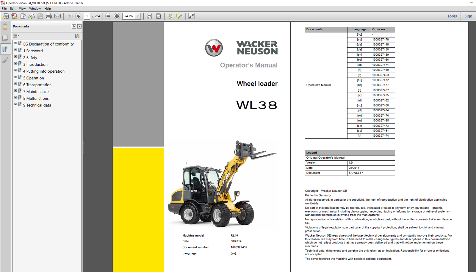 Cover of Wacker Neuson WL38 Wheel Loader Operator's Manual, showcasing the loader with the title clearly visible